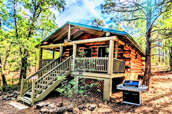 Red log cabin with turquoise roof and wooden deck surrounded by tall trees, grill in foreground