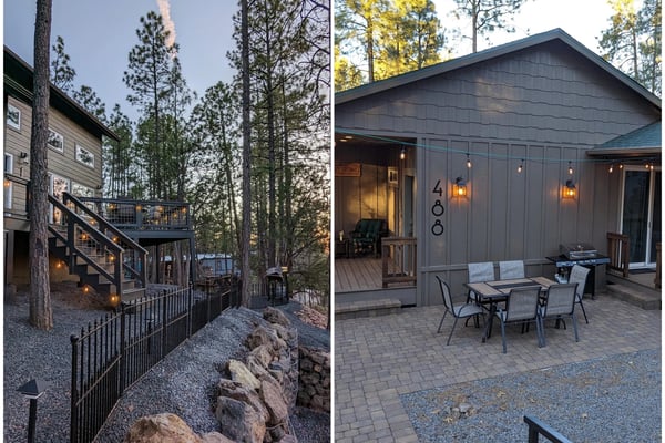 Two modern cabins in forest setting: left shows elevated deck with stairs and railings at dusk; right displays patio with dining furniture and pendant lights.
